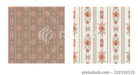 Seamless striped pattern with vignettes and pink roses in baroque style. Vintage botanical clipart for wedding, Valentine's, wrapping, gift, wallpaper, fashion, bed linen, curtains, textile, fabric 122116119