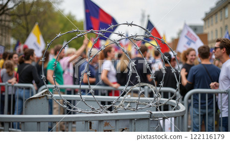 Protesters gather behind barriers with barbed wire during demonstration for social justice in a city center 122116179