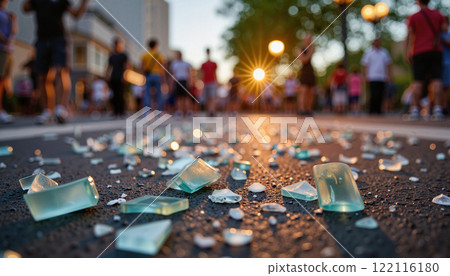 Crowd gathers at sunset amid shattered glass on city street, capturing a moment of chaos and reflection in urban life 122116180
