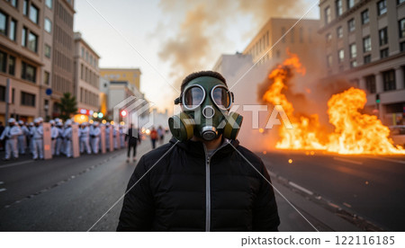 Protestor wearing gas mask stands defiantly as fire blazes on city street during daytime gathering 122116185