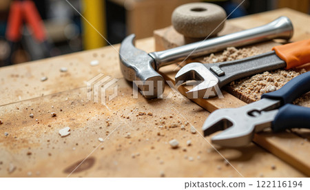 Various tools on a wooden workbench highlighting a hands-on project in a workshop setting 122116194