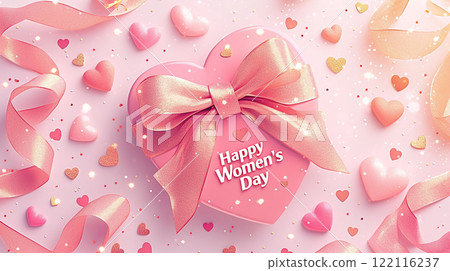 A pink box with a bow on it that says Happy Women's Day. The box is surrounded by pink hearts A pink box with a bow on it that says Happy Women's Day. The box is surrounded by pink hearts 122116237