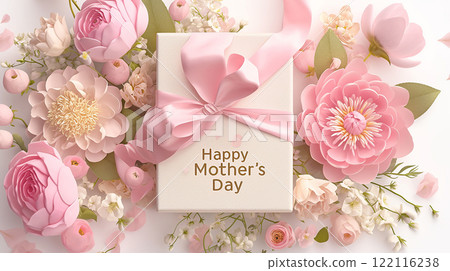A beautiful pink ribbon with a bunch of flowers is tied around a white sign that says Happy Mother's Day A beautiful pink ribbon with a bunch of flowers is tied around a white sign that says Happy Mother's Day 122116238