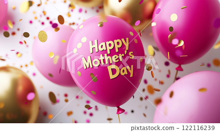 A bunch of pink and gold balloons with a heart and the words Happy Mother's Day. The balloons are arranged in a way that they look like a bouquet, and they are all different sizes and shapes 122116239