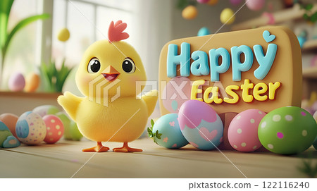 A cartoon chicken is standing in front of a bunch of Easter eggs. The image is cheerful and playful, with the chicken looking happy and the eggs in various colors. Scene is festive and joyful 122116240