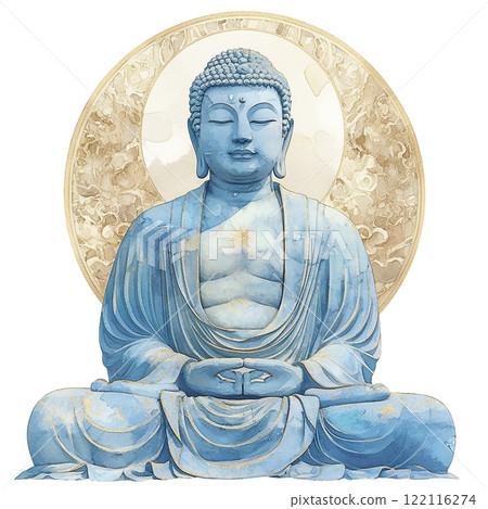 A blue Buddha statue is sitting in the center of a white background. The statue is serene and peaceful, conveying a sense of calm and tranquility 122116274