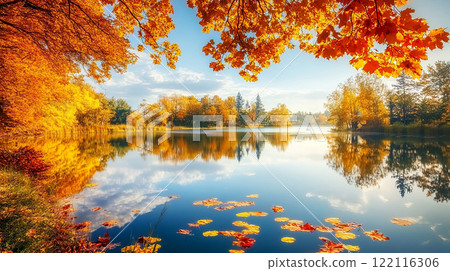 Russia A beautiful autumn day with a lake in the background. The water is calm and the trees are full of leaves 122116306