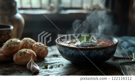 Russian Borscht bowl of soup with a dollop of sour cream on top sits on a wooden table. The bowl is filled with a hearty stew, and there are two rolls of bread nearby. Russian Borscht bowl of soup with a dollop of sour cream on top sits on a wooden table. The bowl is filled with a hearty stew, and there are two rolls of bread nearby. 122116312
