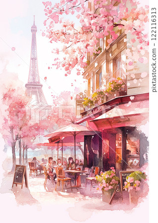 A painting of a Parisian street with a green awning over a cafe. The cafe has a table with chairs and a car is parked in front of it. The scene is set in the springtime with cherry blossoms in bloom A painting of a Parisian street with a green awning over a cafe. The cafe has a table with chairs and a car is parked in front of it. The scene is set in the springtime with cherry blossoms in bloom 122116313