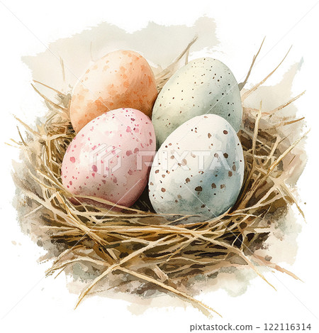Easter nest of eggs with a variety of colors and sizes. The eggs are arranged in a way that they look like they are ready to hatch. The nest is made of straw and is placed on a white background Easter nest of eggs with a variety of colors and sizes. The eggs are arranged in a way that they look like they are ready to hatch. The nest is made of straw and is placed on a white background 122116314