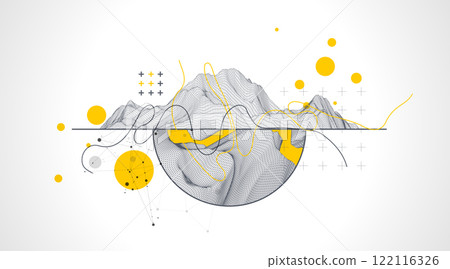Trendy abstract wireframe background. Modern science or technology art elements. Surface illustration. 122116326