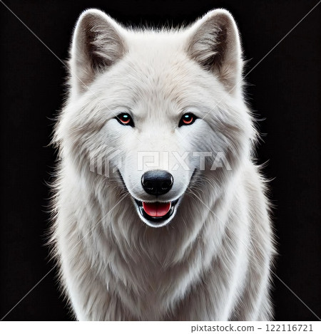 Close-up of a white wolf with detailed fur against a gray background. 122116721