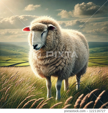 Curly-horned sheep standing in a field of wheat against a backdrop of rolling hills and a partly cloudy sky 122116727