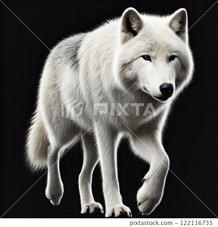 White wolf with grayish tones on its back, walking with one front paw raised, against a completely black background White wolf with grayish tones on its back, walking with one front paw raised, against a completely black background 122116735