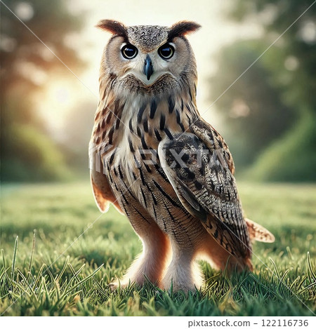 An owl with striking features and detailed feather patterns, standing against a dark background. The owl's large eyes are prominent, giving it a wise and mysterious appearance. 122116736