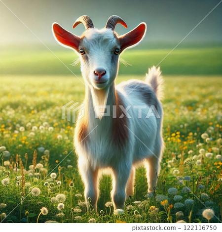 A goat with white fur stands in a field in the foreground 122116750
