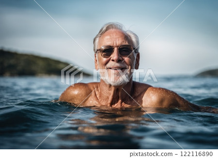 Senior man with grey beard and mustaches swimming in the sea, enjoying active retirement, having care, taking care for himself, staying fit. AI 122116890