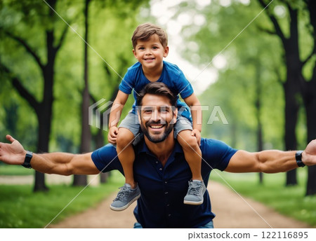 Father giving son ride on back in park. Portrait of happy father giving son piggyback ride on his shoulders and looking up. Cute boy with dad playing outdoor. AI Father giving son ride on back in park. Portrait of happy father giving son piggyback ride on his shoulders and looking up. Cute boy with dad playing outdoor. AI 122116895