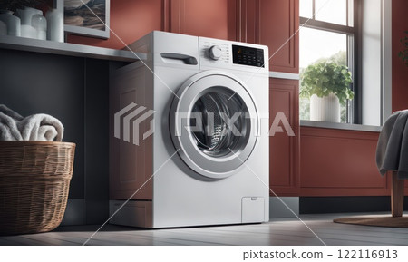 Interior of home laundry room or bathroom with modern washing machine. AI 122116913