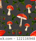 Seamless pattern of watercolor illustrations of forest mushrooms and strawberries 122116948