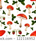 Seamless pattern of watercolor illustrations of forest mushrooms and strawberries 122116952