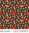 Seamless pattern of watercolor illustrations of forest mushrooms 122116955