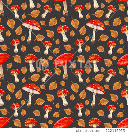Seamless pattern of watercolor illustrations of forest mushrooms 122116955