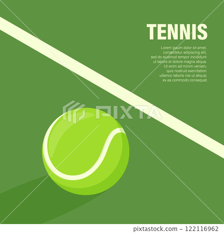 Flat Vector Tennis Ball Icon is on the Green Tennis Court. Tennis Ball Design Template, Sports Concepts, Competition Promotions, Advertisements, Graphics for a Tennis Event. Sports Background 122116962