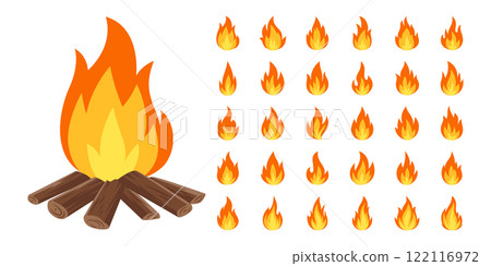Campfire with Logs, Vector Cartoon Illustration. Design Template for Camping, Outdoor Activities. Tourist Campfire Clipart Collection. Nature, Adventure, Travel Designs, Outdoor Campfire Set 122116972