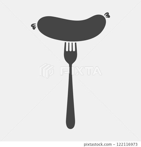 Flat Vector Cartoon Sausage on Fork with Outline Closeup Isolated on White Background. Vector Food Illustration for Menu, BBQ, and Culinary Design Flat Vector Cartoon Sausage on Fork with Outline Closeup Isolated on White Background. Vector Food Illustration for Menu, BBQ, and Culinary Design 122116973