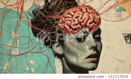 Modern collage illustration of a confused woman with a tangled brain 122117058