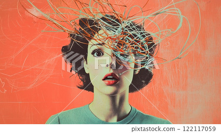 Modern collage illustration of a confused woman with a tangled brain 122117059