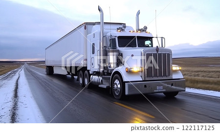 Long haul white big rig semi truck with grille guard transporting cargo in refrigerator semi trailer 122117125