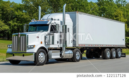 Long haul white big rig semi truck with grille guard transporting cargo in refrigerator semi trailer 122117126