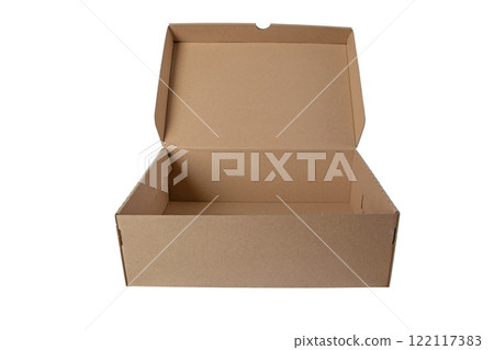Brown open kraft paper box isolated on white Brown open kraft paper box isolated on white 122117383