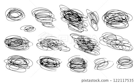 Black pen doodles in the shape of circles and ovals, abstract collection of children's doodles, black doodles in the shape of ovals and circles for decoration and design, ellipses in doodle style 122117535