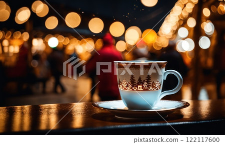 Merry Christmas and Happy Holidays. A cup of hot drink and cookies with background of the lights of Christmas market. Cup of coffee on the window sill. Bright lights of the city hristmas background. 122117600