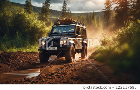 Suv offroad 4wd car rides through muddy puddle, off-road track road, with a big splash, during a jeeping competition. AI Suv offroad 4wd car rides through muddy puddle, off-road track road, with a big splash, during a jeeping competition. AI 122117683