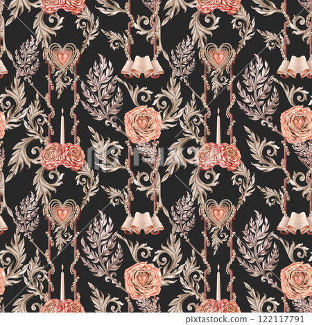 Seamless pattern with vignettes and pink roses in baroque style. Vintage botanical background for wedding, Valentine's Day, Mother's Day, Women's Day, wallpaper, bed linen, curtains, textile, fabric 122117791