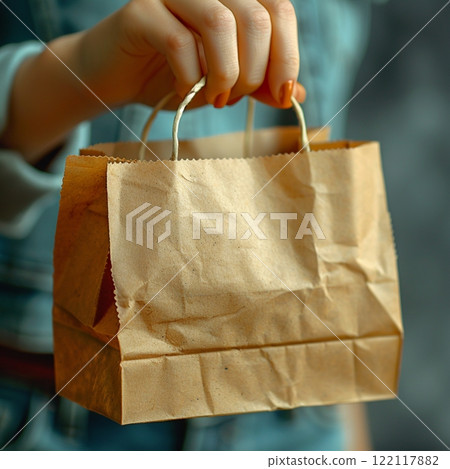 Hand Holding Eco-Friendly Kraft Paper Bag Hand Holding Eco-Friendly Kraft Paper Bag 122117882
