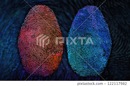Identity diversity and privacy concept with different colored fingerprints the red on the left and blue on the right side. Biometric scan identification and digital data security conceptual background 122117982