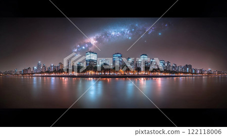 City skyline reflecting in water under the milky way City skyline reflecting in water under the milky way 122118006