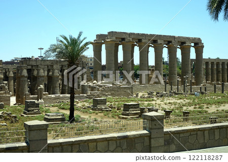 Ancient Ruins of Luxor Temple With Statues and Colonnade Viewed From a Bus on a Sunny Day in Egypt Ancient Ruins of Luxor Temple With Statues and Colonnade Viewed From a Bus on a Sunny Day in Egypt 122118287