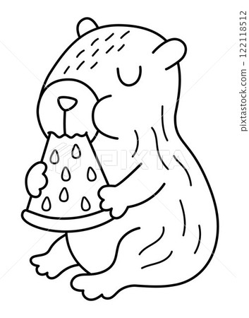 Vector black and white capybara icon. Cute line capibara sitting and eating watermelon with closed eyes. Funny animal illustration isolated on white background. guinea pig clipart, coloring page 122118512