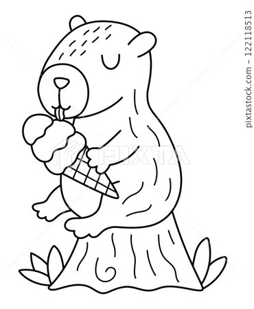 Vector black and white capybara icon. Cute line capibara sitting on stump and eating ice-cream. Funny animal illustration isolated on white background. Comic guinea pig clipart, coloring page 122118513