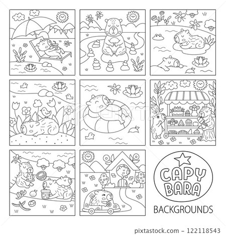 Vector black and white capybara square scenes collection Capibara landscape illustration or coloring page for kids. Cute line nature scenes set with adorable animals relaxing, meditating 122118543
