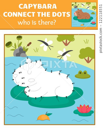 Vector capybara dot-to-dot and color activity with cute animal swimming in pond, colored nature scene. Capibara connect the dots game for children. Who is missing printable worksheet Vector capybara dot-to-dot and color activity with cute animal swimming in pond, colored nature scene. Capibara connect the dots game for children. Who is missing printable worksheet 122118551