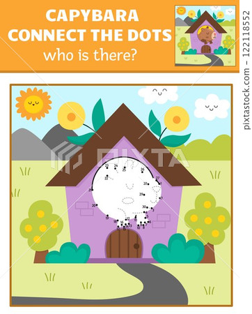 Vector capybara dot-to-dot and color activity with cute animal hiding in house, colored nature scene. Capibara connect the dots game for children. Who is missing printable worksheet Vector capybara dot-to-dot and color activity with cute animal hiding in house, colored nature scene. Capibara connect the dots game for children. Who is missing printable worksheet 122118552