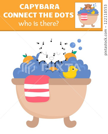 Vector capybara dot-to-dot and color activity with cute animal taking bath with rubber duck, tangerine, towel. Capibara connect the dots game for children. Who is missing printable worksheet Vector capybara dot-to-dot and color activity with cute animal taking bath with rubber duck, tangerine, towel. Capibara connect the dots game for children. Who is missing printable worksheet 122118553