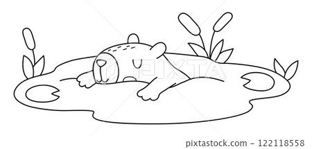 Vector black and white capybara icon. Cute line capibara swimming in pond with reeds. Funny animal illustration isolated on white background. Comic trendy guinea pig clipart, coloring page Vector black and white capybara icon. Cute line capibara swimming in pond with reeds. Funny animal illustration isolated on white background. Comic trendy guinea pig clipart, coloring page 122118558